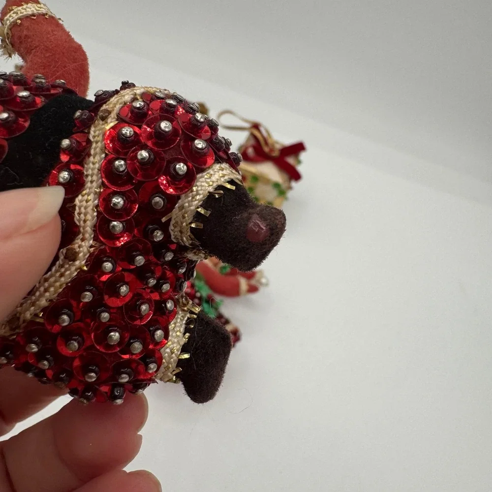 Vintage Santa and Mrs Claus Sequin Ornaments with Beaded Gift Box Set of 5